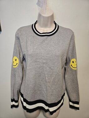 THML Gray Crewneck Sweater with Yellow Smiley Elbow Patches